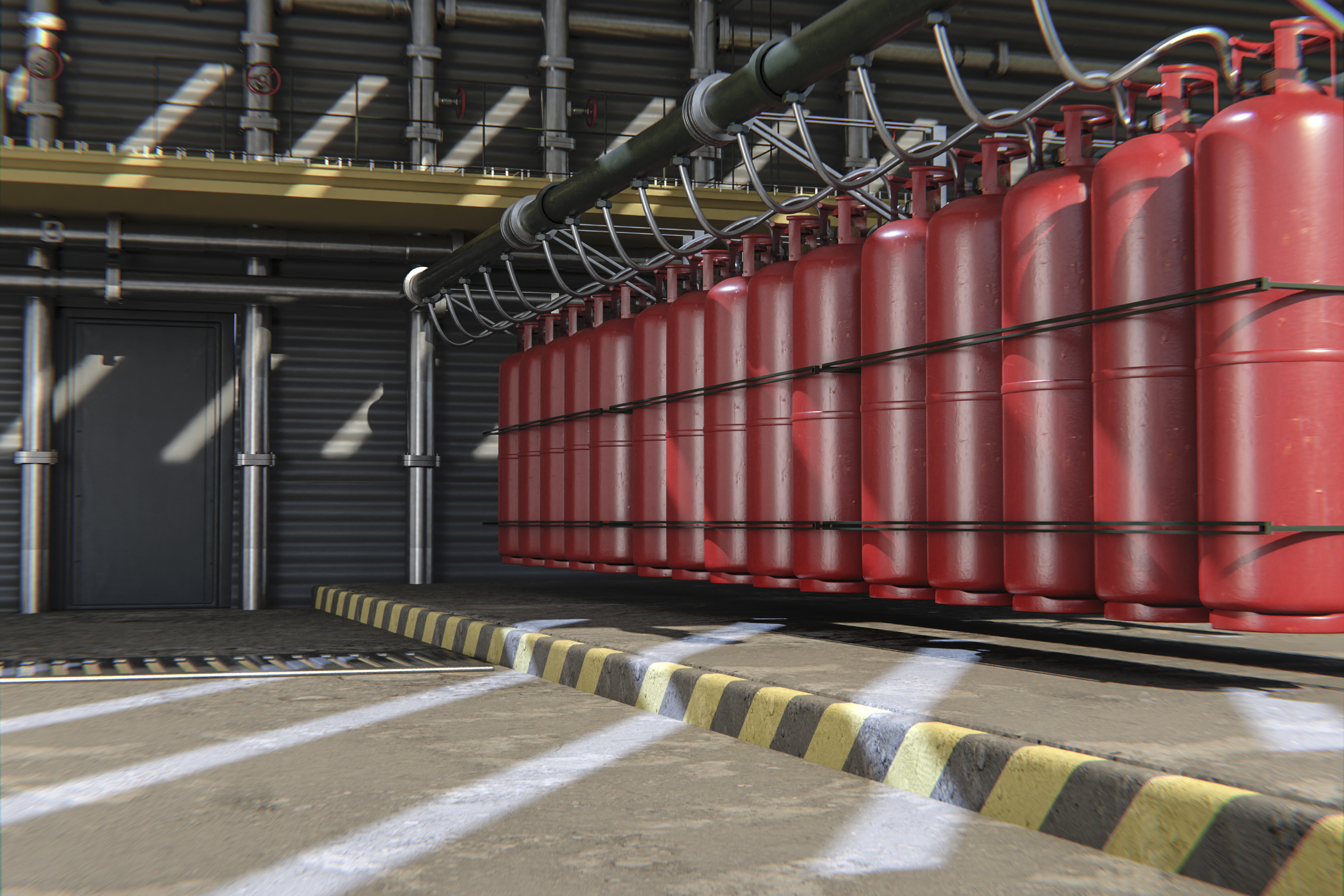 Row of red fire extinguishers in an industrial setting